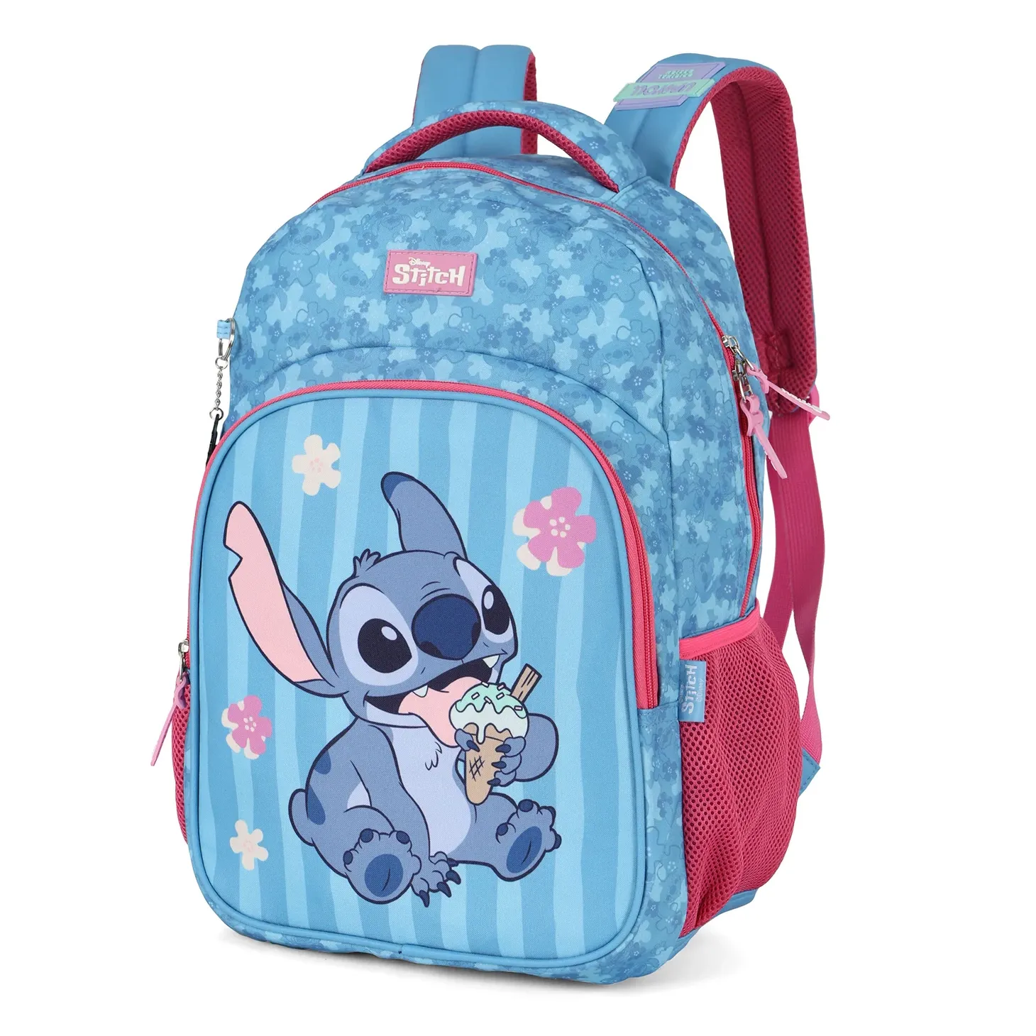 Vista lateral da mochila Luxcel Stitch azul com bolso lateral em tela rosa e alças acolchoadas